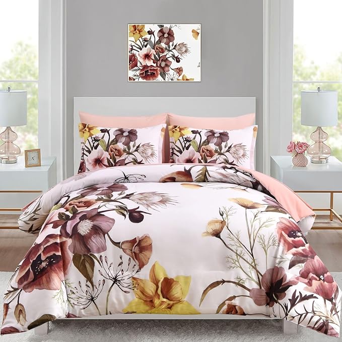 Luxudecor Floral Comforter Set Full Size 7 Piece, Blush Flower Bed in a Bag by Luxudecor