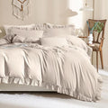 QSH Beige Khaki Ruffle Duvet Cover Queen Size Washed Cotton by QSH