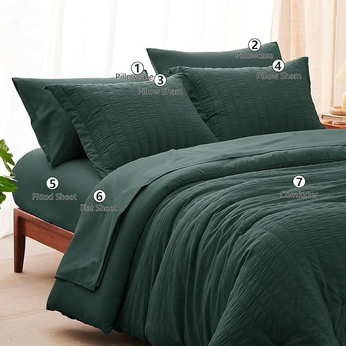 CozyLux Queen Comforter Set Forest Green Seersucker 7 Pieces Bed in a Bag Queen - Image 8