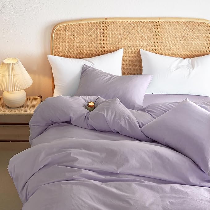 Wake In Cloud - Cotton Duvet Cover Set, Twin Size, Light Purple, 100% Washed - Image 4
