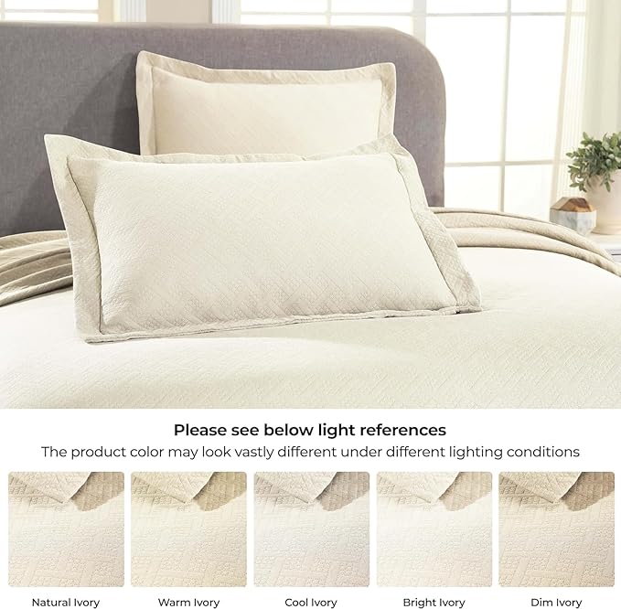 Superior 3 Piece Basketweave Cotton Bedspread Set, Home Bed Decor, Decorative Bed Spread, 2 Pillow Shams, Medium Weight Blanket, Matelasse Coverlet Bedding, Geometric Lattice Pattern, Queen, Ivory