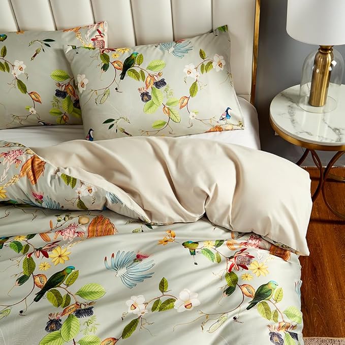 mixinni Duvet Cover Queen Size Set Floral Leaves Pattern Cotton Bird Printed - Image 3