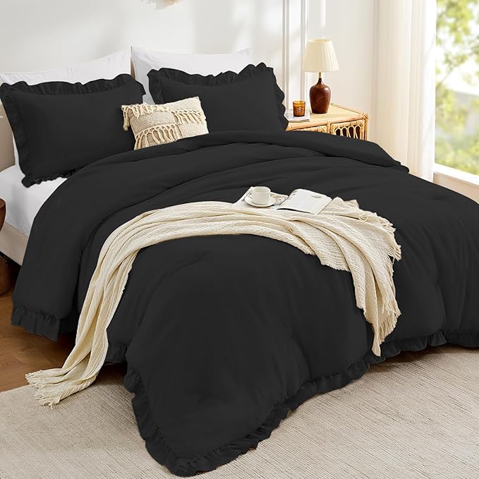 FUANNA Queen Comforter Set Black, 3 Pieces Ruffle Queen Bed Set, Fluffy Bed in by FUANNA