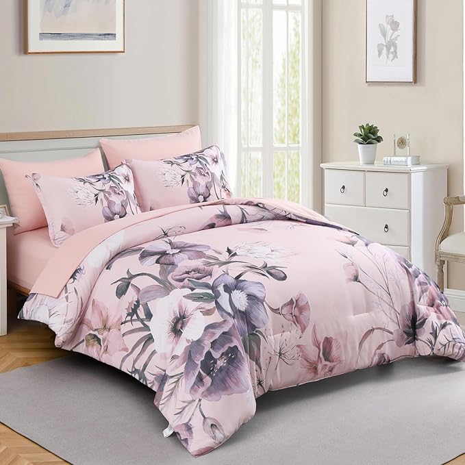 Luxudecor Floral Comforter Set King Size 7 Piece, Blush Pink Flower Bed in a Bag - Image 2