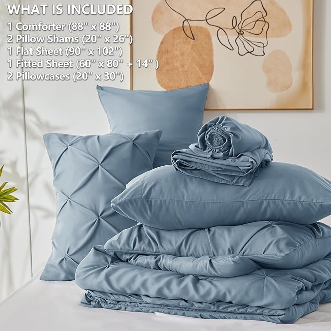 CozyLux Queen Comforter Set Mineral Blue, 7 Pieces Pintuck Bed in A Bag - Image 7