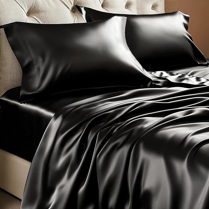BEDELITE Satin Sheets Twin XL Size Bed Set, Luxury Soft Black Silky Sheets by BEDELITE