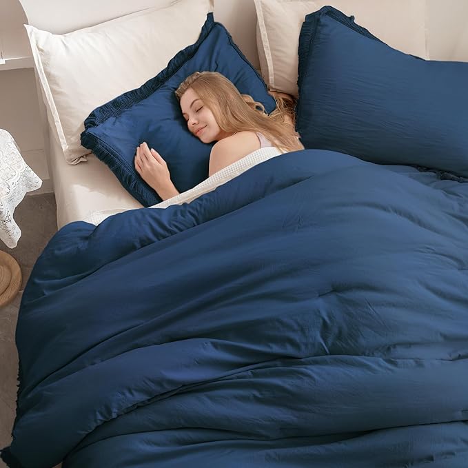Andency Navy Blue Comforter Set Queen, 3 Pieces Boho Tassel Lightweight Bedding - Image 6