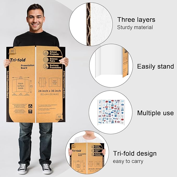 10 Pack Trifold Poster Board, IKAYAS 24" X 36" Single sided White Tri-fold Poster Boards, Science Fair Display Boards Posterboard Foamboard for Mounting, Art, Display, Projects Classroom Supplies-DeskoryOffice