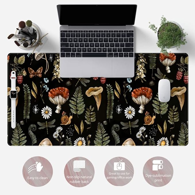 Black Mouse Pad Cottage Core Aesthetic Mouse Pads Mushroom Desk Pad Vintage Mouse Pad Forest Magic Nature Large Desk Pad Ergonomic Mouse Pads with Stitched Edges Non-Slip Computer Mat 31.5x15.7 in-DeskoryOffice