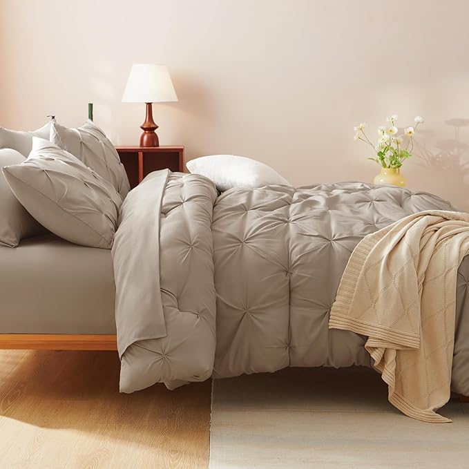 CozyLux King Size Comforter Set Khaki, 7 Pieces Pintuck Bed in A Bag Khaki - Image 6