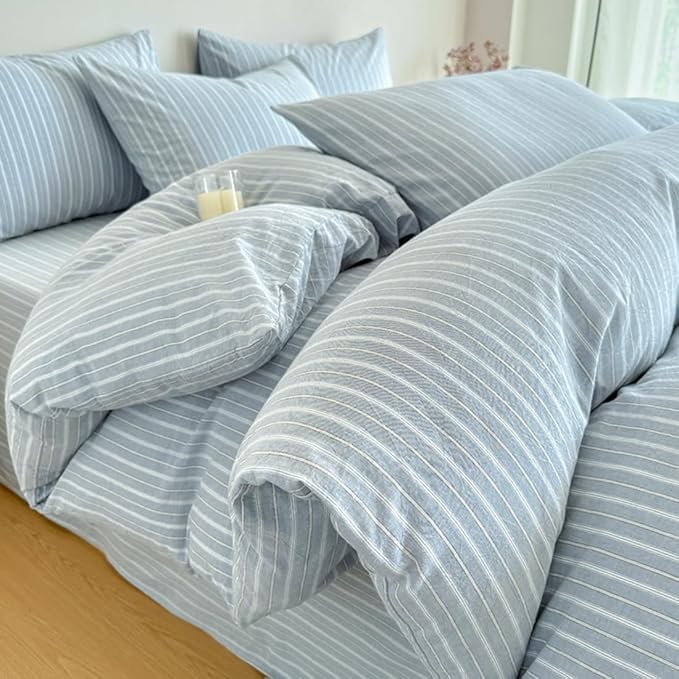 PinkMemory Blue Striped Duvet Cover Set King 100% Washed Cotton Blue Stripes by PinkMemory