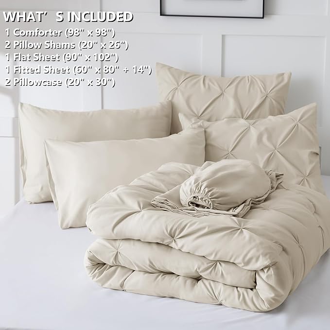CozyLux Oversized Queen Comforter Sets Beige, 7 Pieces Oversized Queen Pintuck - Image 7