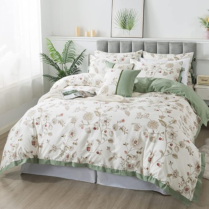 FADFAY Floral Bedding Set Queen 100% Cotton Shabby and Chic Beige Green - Image 9