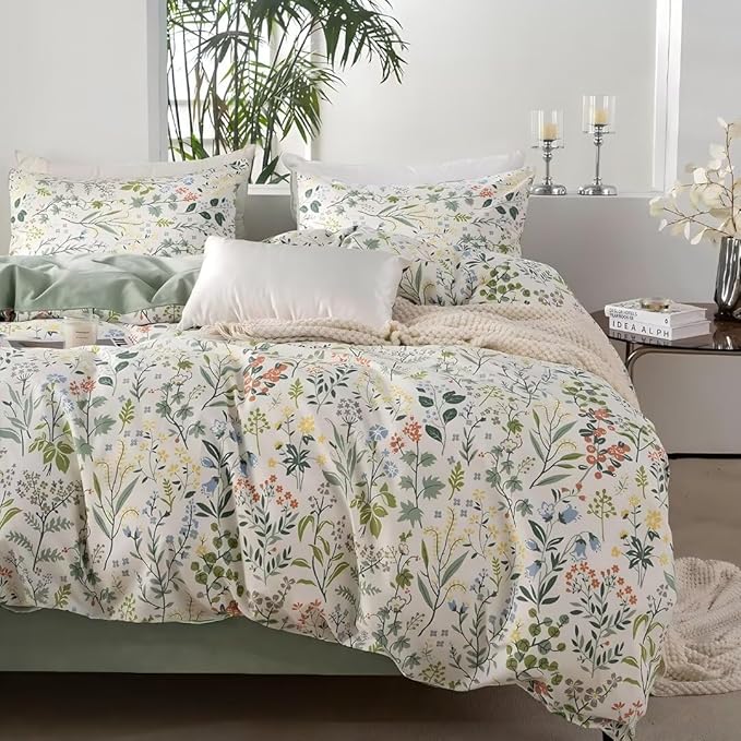 MKXI Queen Size Wildflower Duvet Cover Set Sage Green Spring Floral Bedding Set - Image 4