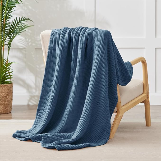 100% Cotton Light Blue Throw Blanket 50" x 70", 6 Layers Large Breathable and - Image 7