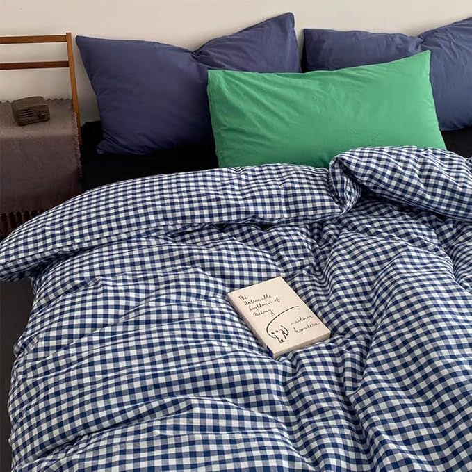 Nayoroom Navy Blue Gingham Duvet Cover Queen Size 100% Washed Cotton Plaid by Nayoroom