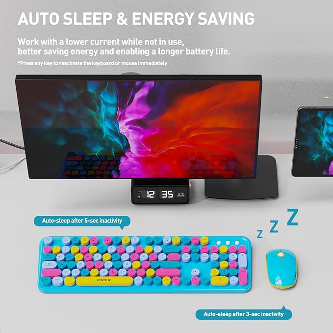 Keyboard and Mouse Wireless,Cute Retro Wireless Keyboard Mouse Combo with Round Key,2.4Ghz Dropout-Free Connection,Typewriter Wireless Keyboard Mouse Set for PC Laptop Desktop Computer-Blue Colorful-DeskoryOffice