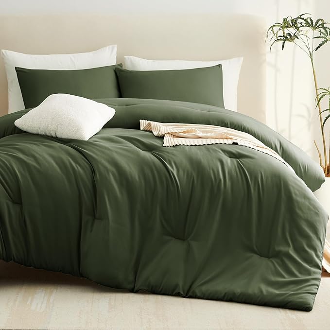 CozyLux Super King Plus Comforter Set Olive Green, 3 Pieces 128x120 Solid - Image 9