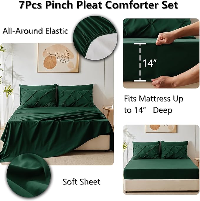 HIMEET Pintuck Bed in a Bag, 7 Pieces King Size Comforter Set Emerald Green - Image 6