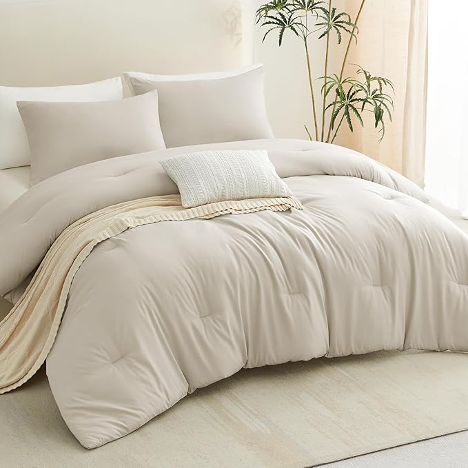 CozyLux Full Size Comforter Set Oatmeal, 3 Pieces Solid Breathable Quilted - Image 5