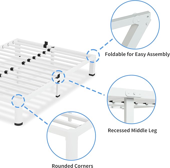10 Inch White Queen Bed Frame, 3500Lbs Heavy Duty Metal Platform with Round Corner Legs Mattress Slide Stopper, Steel Slat Support No Box Spring Needed, Noise Free, Non-Slip, Easy Assembly