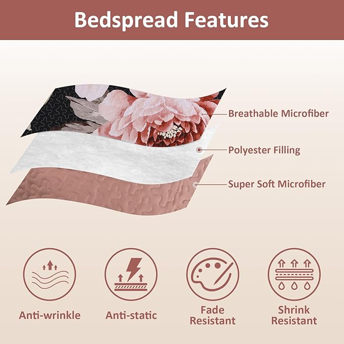 WONGS BEDDING Black Quilt Set King, Elegant Botanical Printed Bedspreads 3 - Image 6