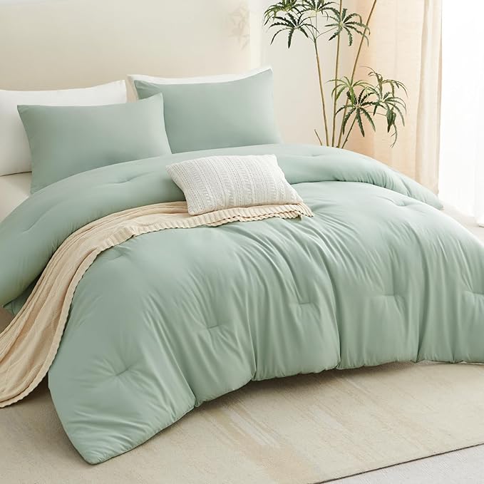 CozyLux King Size Comforter Set Sage Green, 3 Pieces Solid Comforters King Size - Image 8