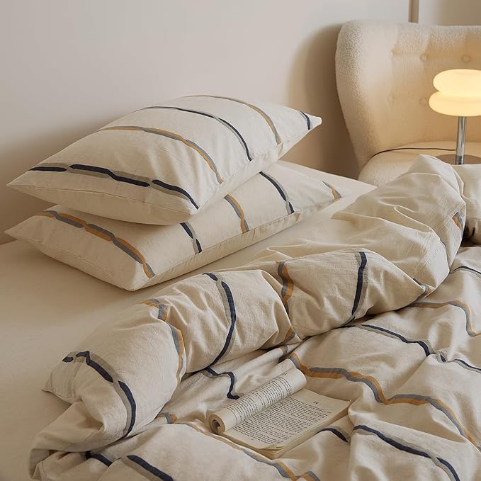 mixinni Cotton Linen Jacquard Duvet Cover Set Queen, 3-Piece Mid-Century Modern - Image 5