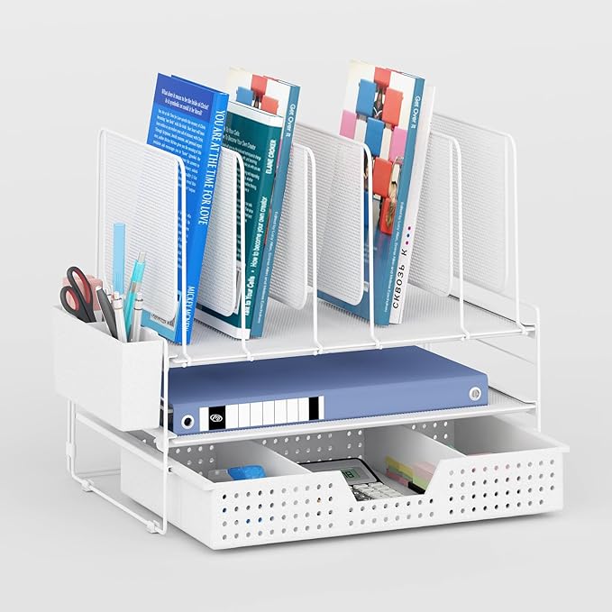 Desk Organizer, Office Organization with Vertical File Holder, File Organizer with Drawer and Pen Holder, Desk Accessories and Workspace Organizers for Home Office (White)-DeskoryOffice