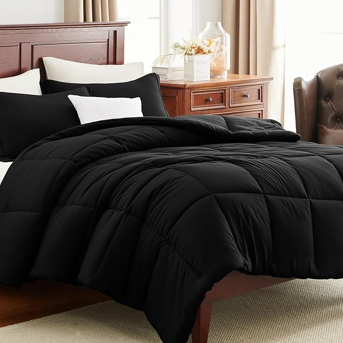 CozyLux Oversized Queen Comforter Set, 3 Pieces Black 98x98 Box Stitched Design - Image 9