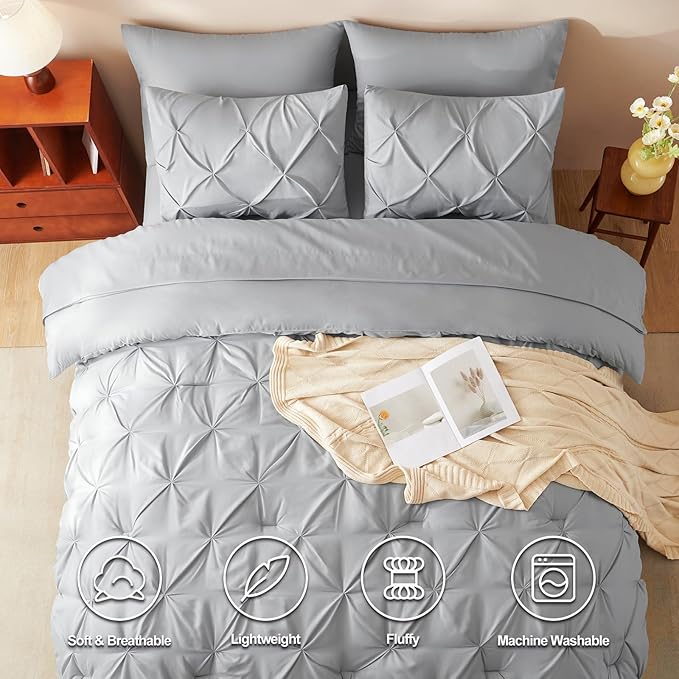 HIMEET Pintuck Bed in a Bag, 7 Pieces Full Size Comforter Set Light Grey - Image 2