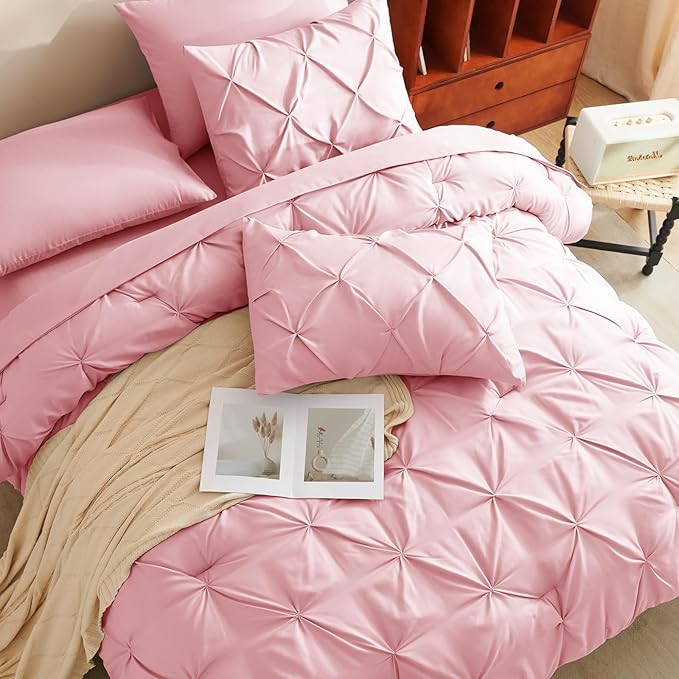HIMEET Pintuck Bed in a Bag, 7 Pieces King Size Comforter Set Pink, Luxury - Image 4
