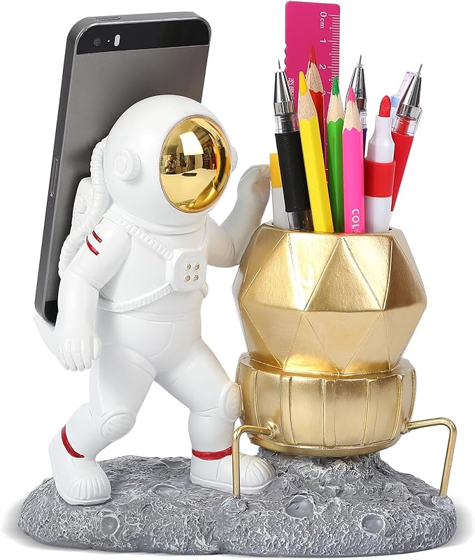 Astronaut Pen Pencil Holder with Phone Stand Resin Spaceman Pencil Holder Desk Pen Holder Organizer Decorative Accessories Suitable Office Classroom Home Creative Gifts for Adults and Kids-DeskoryOffice