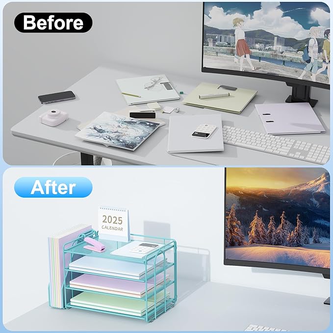 Spacrea Desk Organizers and Accessories, Paper Organizer for Desk with File Organizer, Desk Accessories & Workspace Organizers for Office Supplies (Blue)-DeskoryOffice