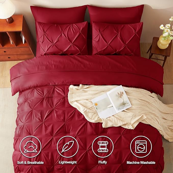 CozyLux King Size Comforter Set Dark Red, 7 Pieces Pintuck Bed in A Bag Red - Image 2