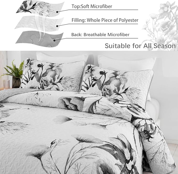 Floral Quilt Set California King 3 Pieces Grey Floral Quilt Coverlet Set Soft - Image 5