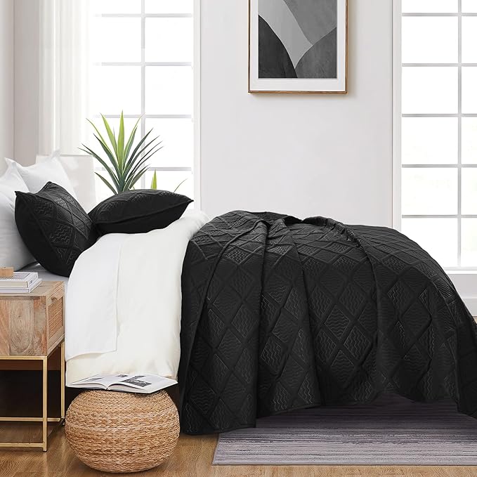Yiran Black Quilt Set King Size Bedding Set Fall Bedspreads Embossed Diamond - Image 5