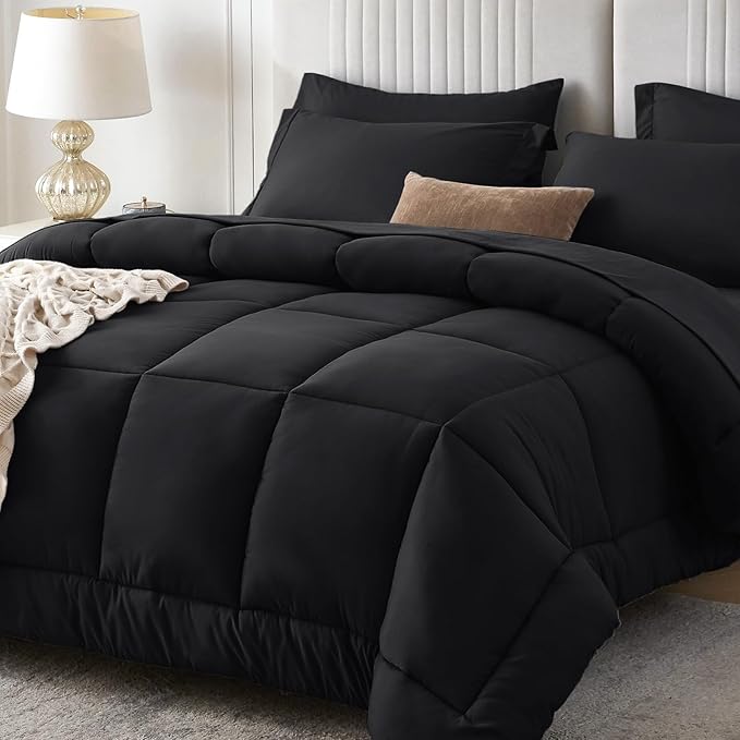 Sasttie Full Size Comforter Sets Black, 7 Pieces Bed in a Bag Full, Complete by SASTTIE
