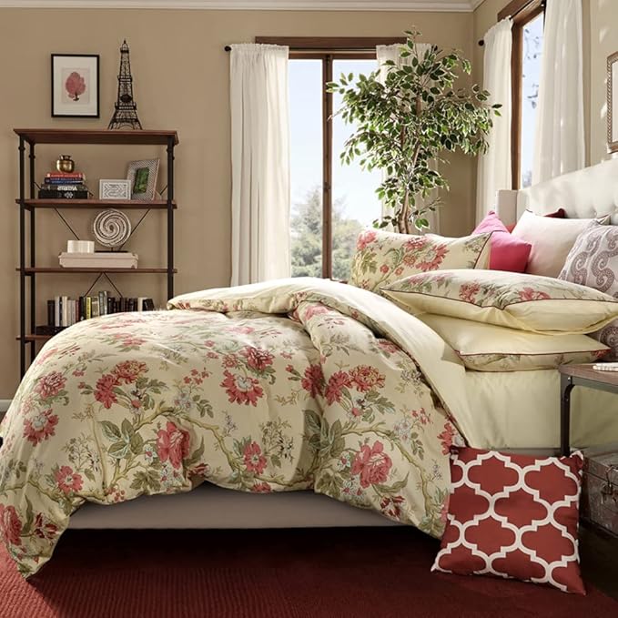 mixinni Garden Style 3 Pieces Red Flower Leaf Pattern Duvet Cover Set Queen - Image 2