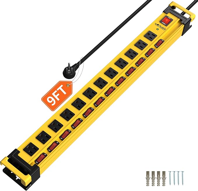 Plug'n 12 Outlet 13 Individual Switches,3300J Surge Protector Power Strip,9FT/14AWG/15AMP/1875W Power Cord,Heavy Duty Metal Power Strip with Cord Manager for Workshop,Garage,Shop-DeskoryOffice