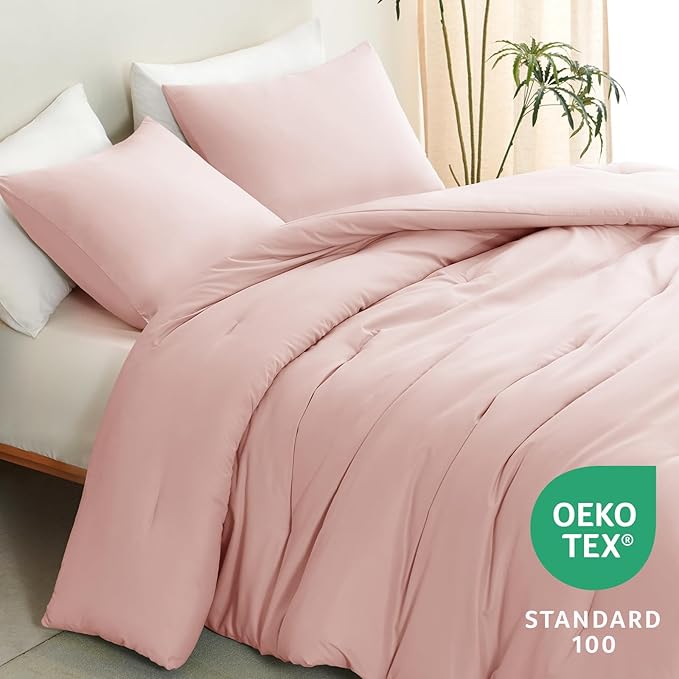 CozyLux Full Size Comforter Set Blush Pink, 3 Pieces Solid Breathable Quilted - Image 4