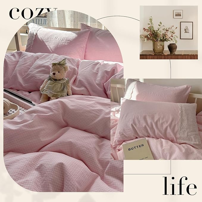 mixinni Pink Gingham Duvet Cover King Size - Image 5