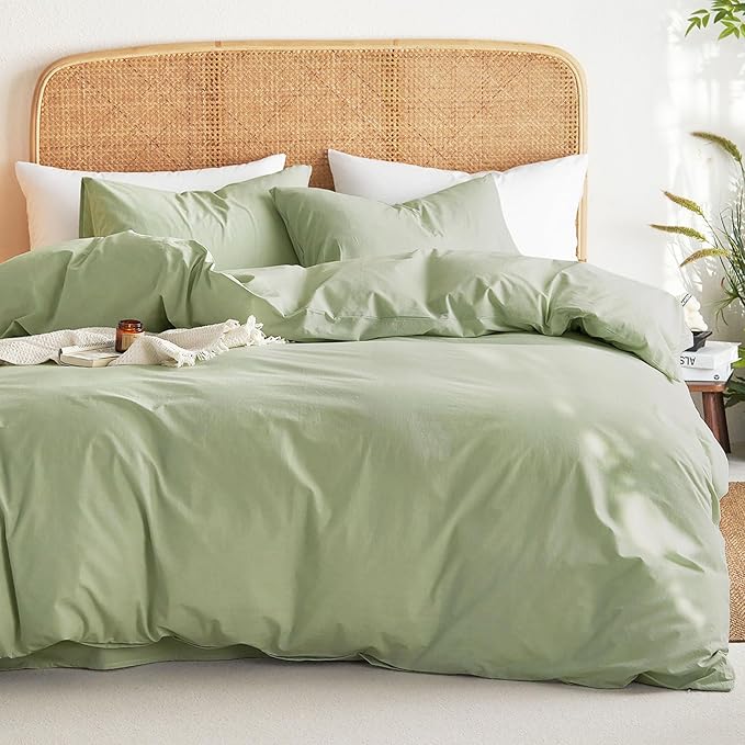 Wake In Cloud - Cotton Duvet Cover Set, King Size, Sage Green, 100% Washed by WakeInCloud