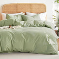 Wake In Cloud - Cotton Duvet Cover Set, Twin Size, Sage Green, 100% Washed by WakeInCloud