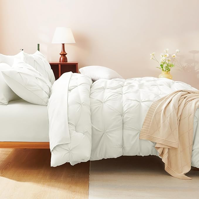 CozyLux King Size Comforter Set Ivory, 7 Pieces Pintuck Bed in A Bag Ivory - Image 8