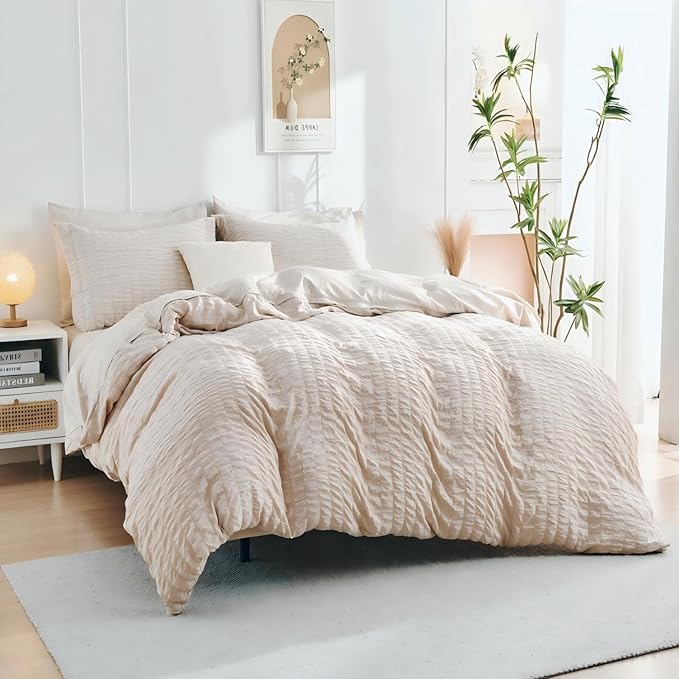 HYMOKEGE Beige Duvet Cover Full Size, Ultra Soft 3-Piece Seersucker Duvet Cover - Image 3