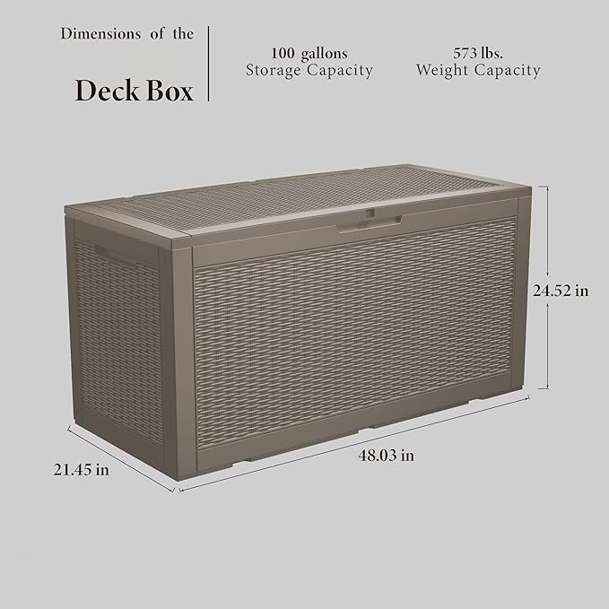 100 Gallon Resin Deck Box, Waterproof Outdoor Storage Bin for Patio Furniture, Pool Accessories, and Garden Tools, Lockable & UV-Resistant, Grey-DeskoryOffice