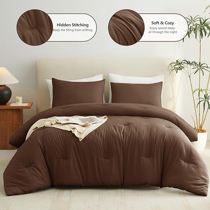 CozyLux California King Comforter Set Brown, 3 Pieces Cal King Solid Breathable - Image 2