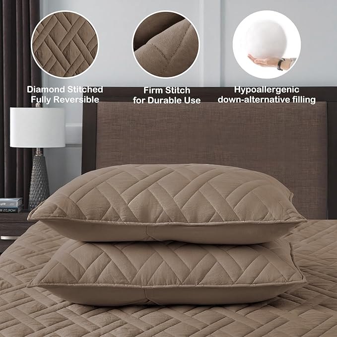HORIMOTE HOME Quilt Set King Size Pine Bark, Classic Geometric Diamond Stitched - Image 4