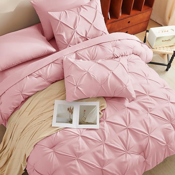 CozyLux King Size Comforter Set Pink, 7 Pieces Pintuck Bed in A Bag Pink - Image 7
